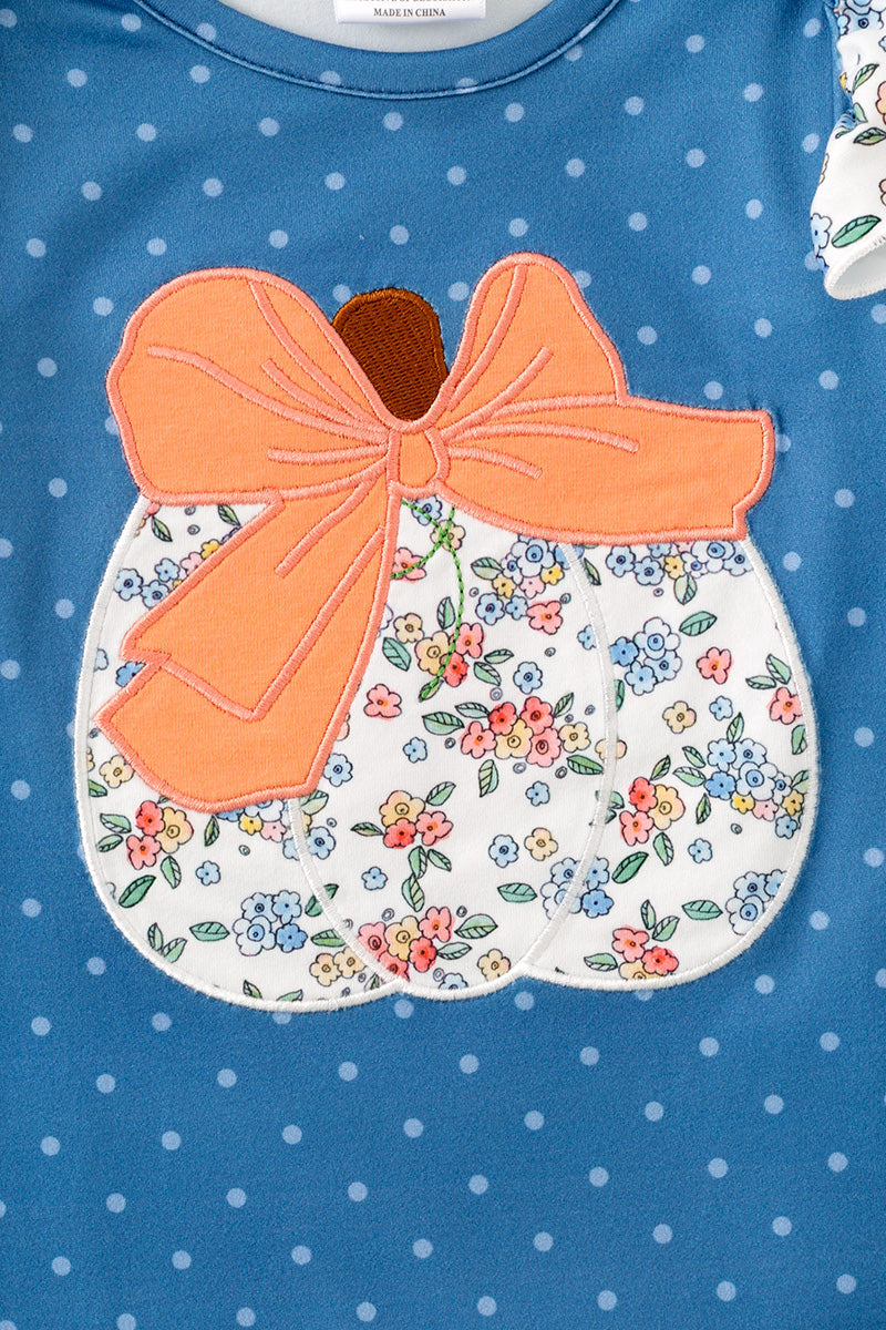 White polka dot on blue baby romper & pumpkin applique. RPG62735