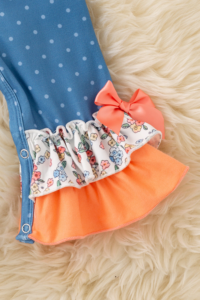 White polka dot on blue baby romper & pumpkin applique. RPG62735