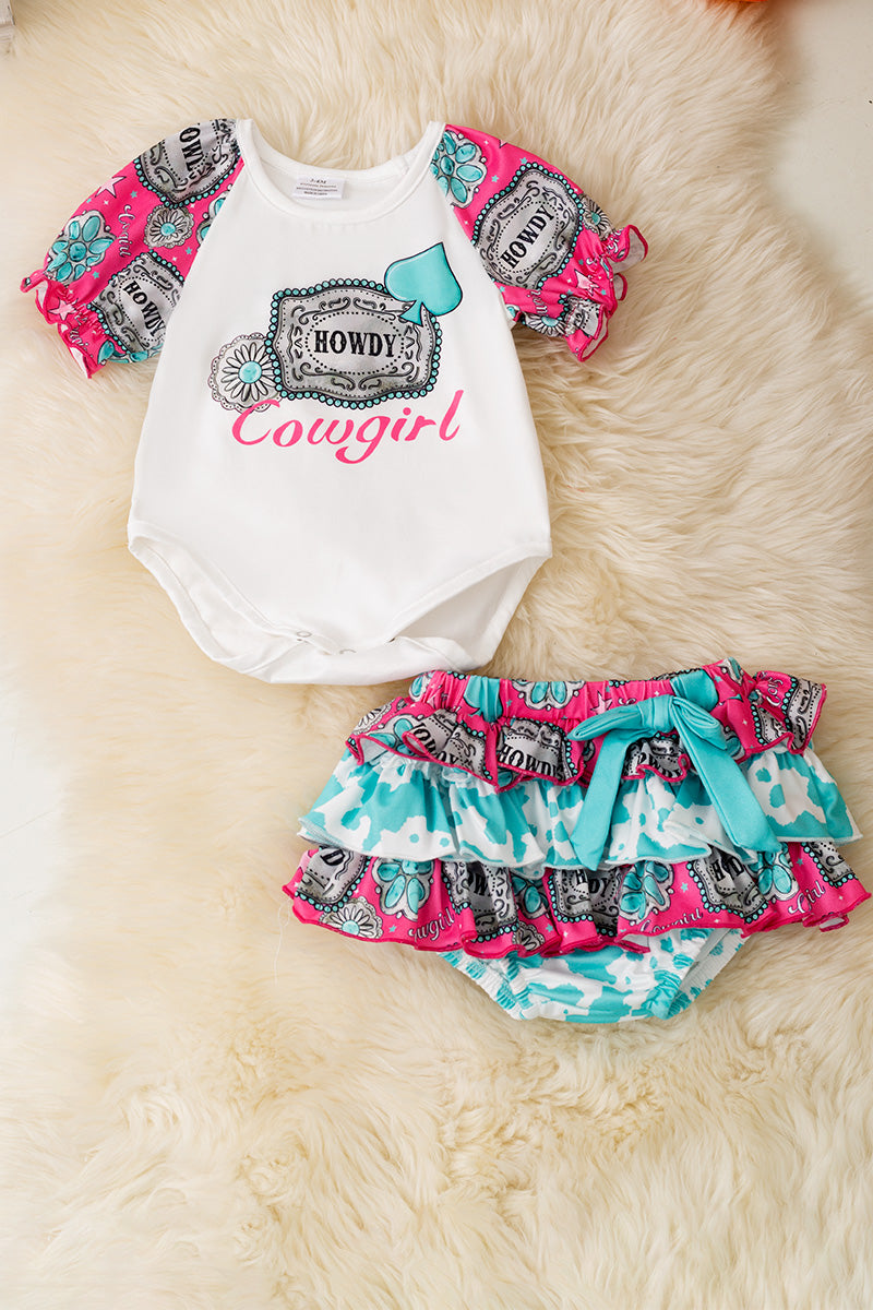 Howdy Cowgirl" multi-printed baby onesie & bloomers.