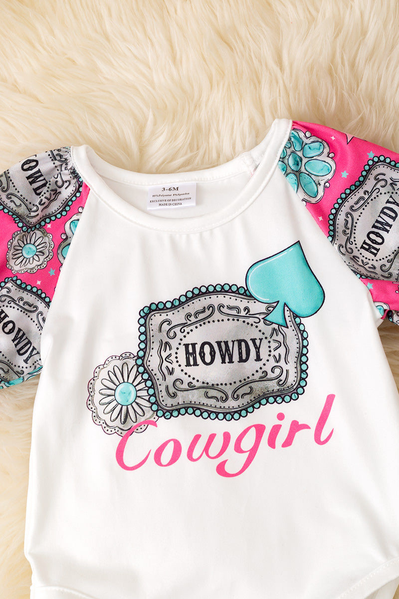 Howdy Cowgirl" multi-printed baby onesie & bloomers.
