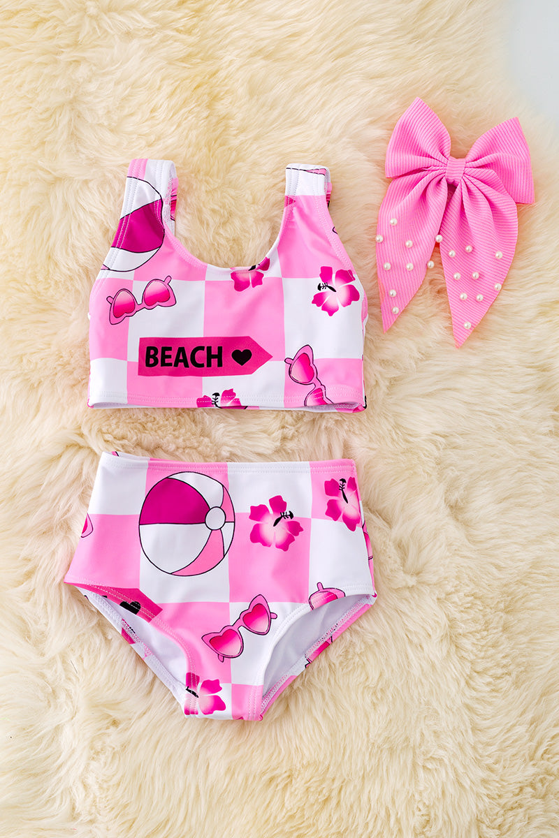 Ball printed, pink contrast swim set.