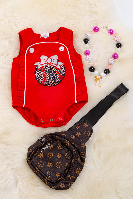 Red baseball printed onesie.