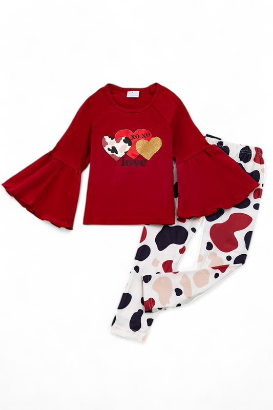 XO XO XO" Multi-printed heart bell sleeve Valentines set.