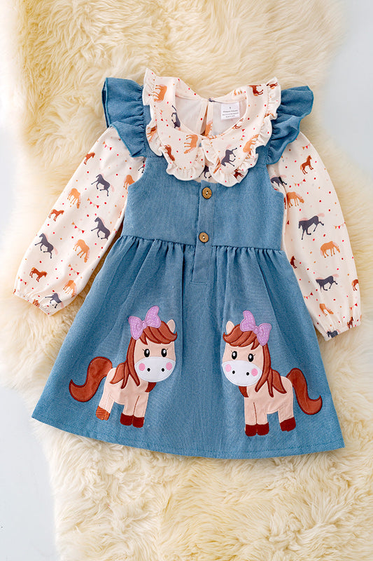 Pony Printed Overall Denim Dress