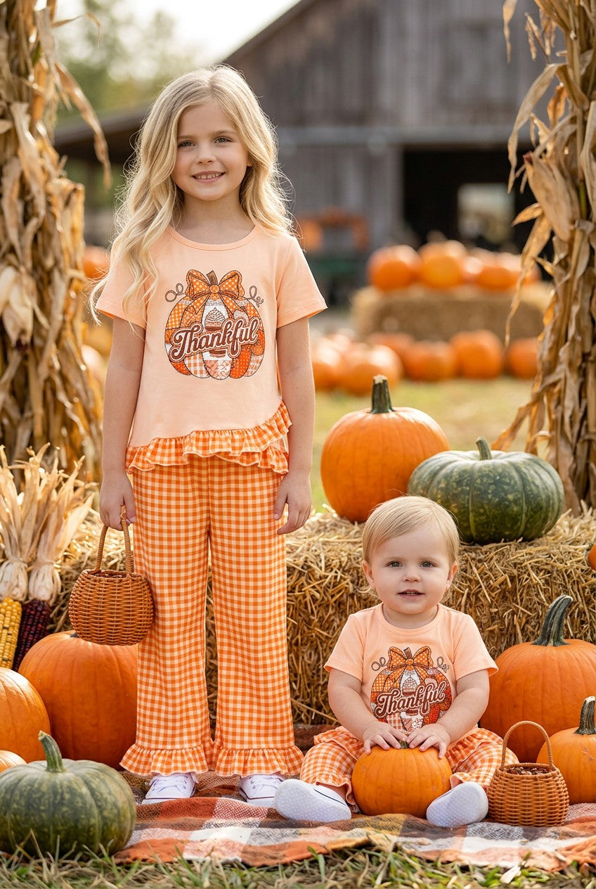 "Thankful" pumpkin printed girls tunic & gingham pants. OFG61529 -A-