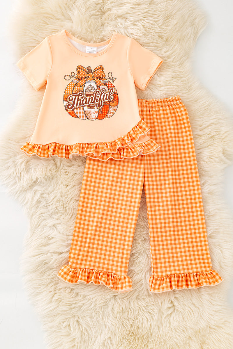 "Thankful" pumpkin printed girls tunic & gingham pants. OFG61529 -A-
