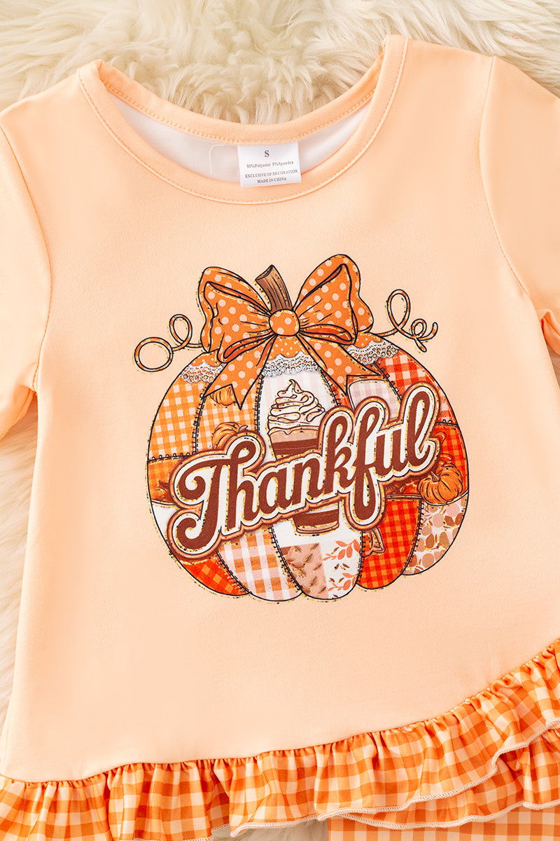 "Thankful" pumpkin printed girls tunic & gingham pants. OFG61529 -A-