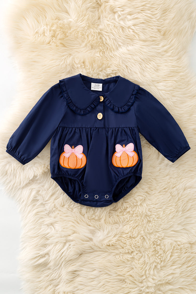Navy blue romper w/ pumpkin applique RPG62741 -A-