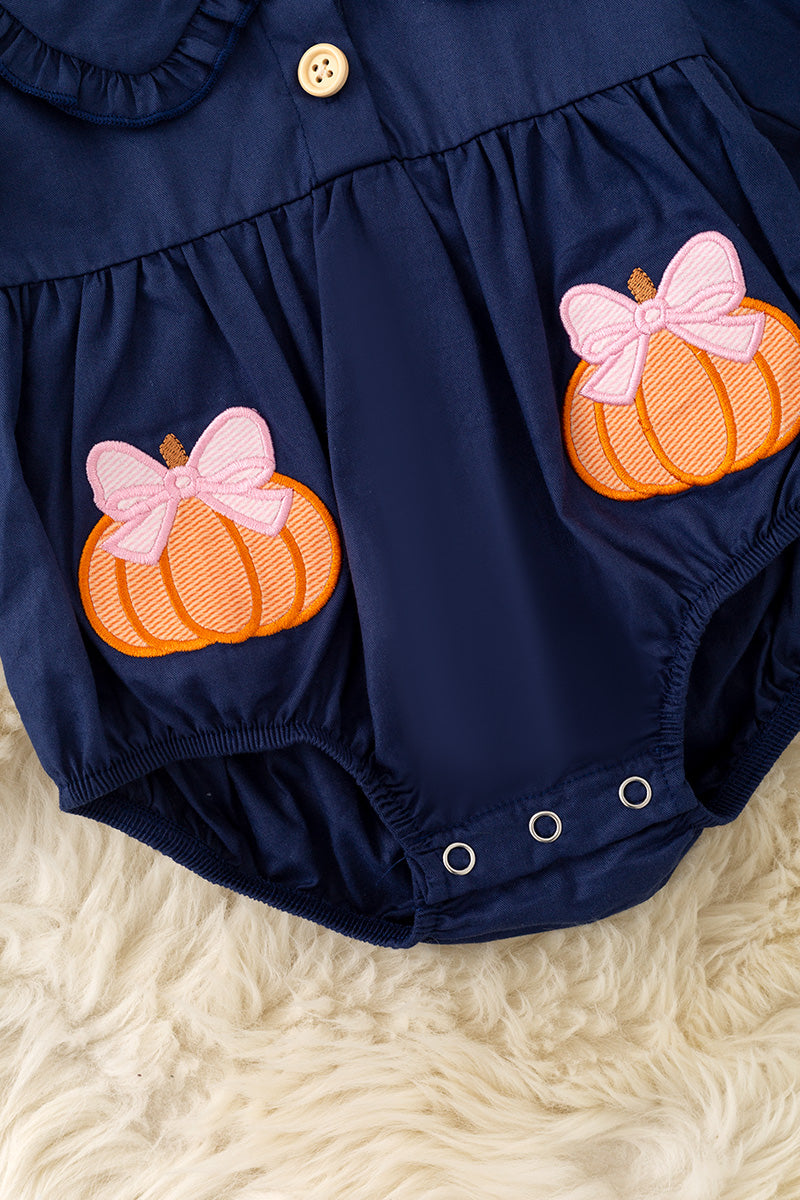 Navy blue romper w/ pumpkin applique RPG62741 -A-