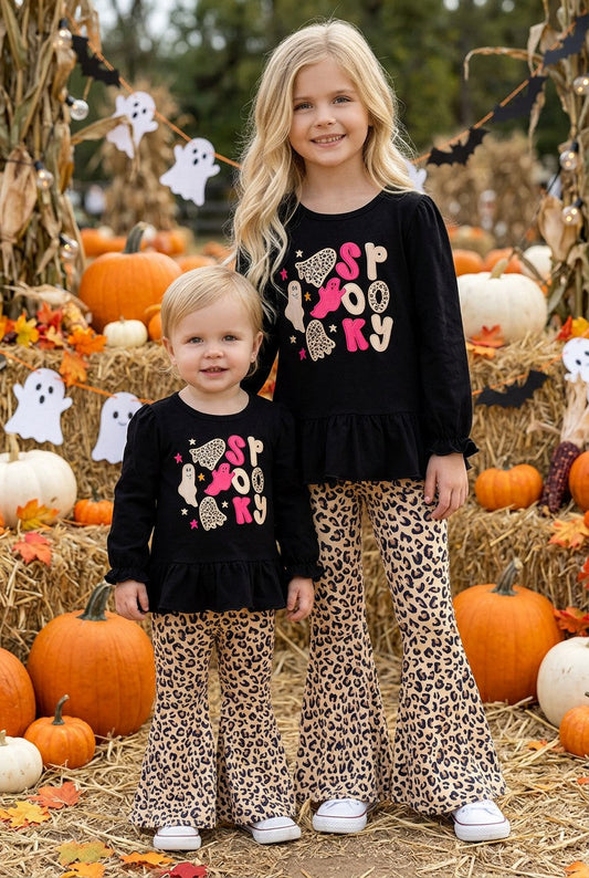 "Spooky" Black applique long sleeve shirt and cheetah printed bell bottoms. OFG61729 -S-