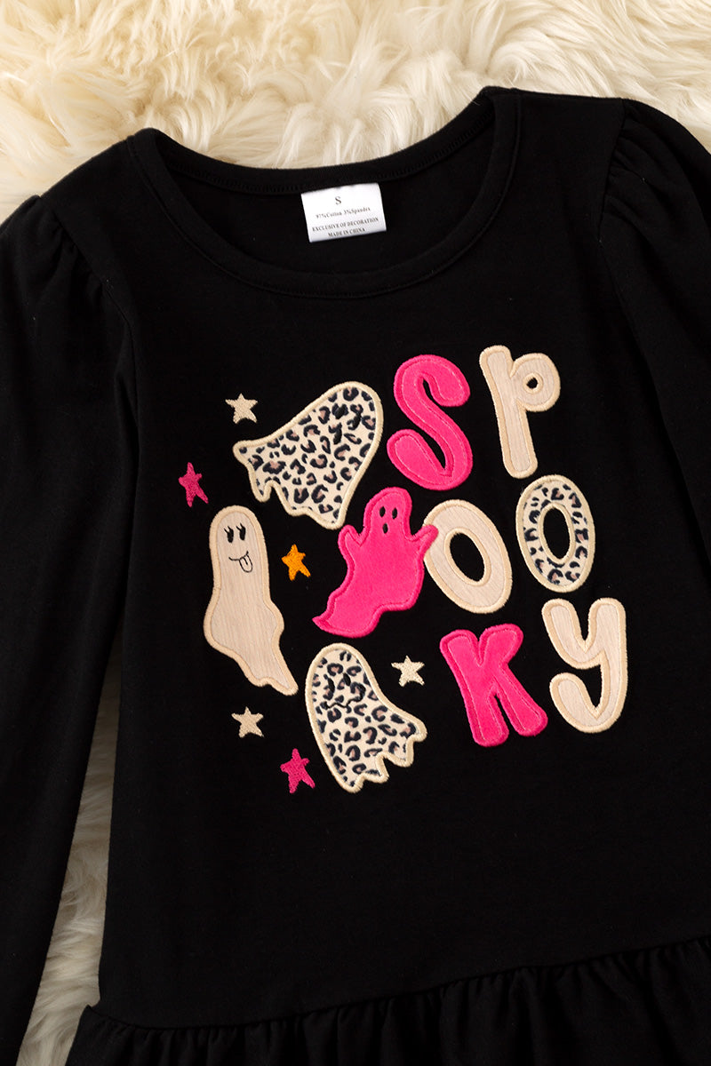 "Spooky" Black applique long sleeve shirt and cheetah printed bell bottoms. OFG61729 -S-