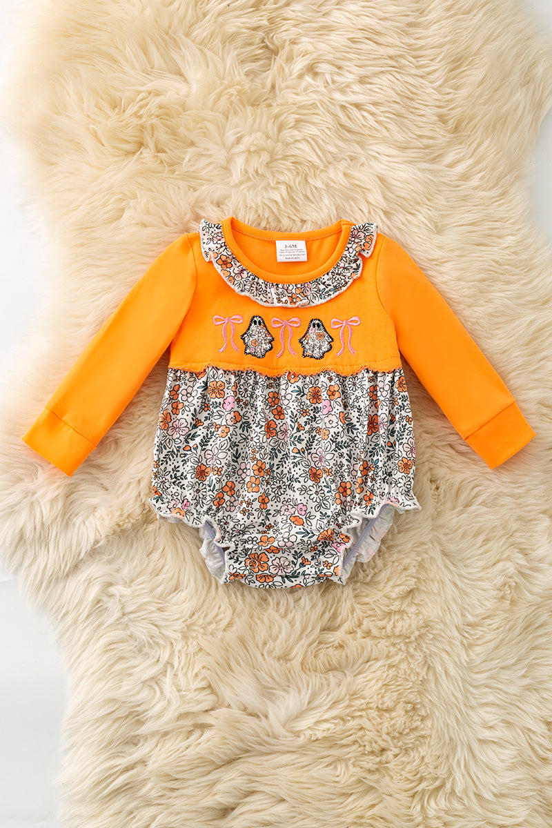 Floral ghost applique on orange baby romper. RPG62706 -S-