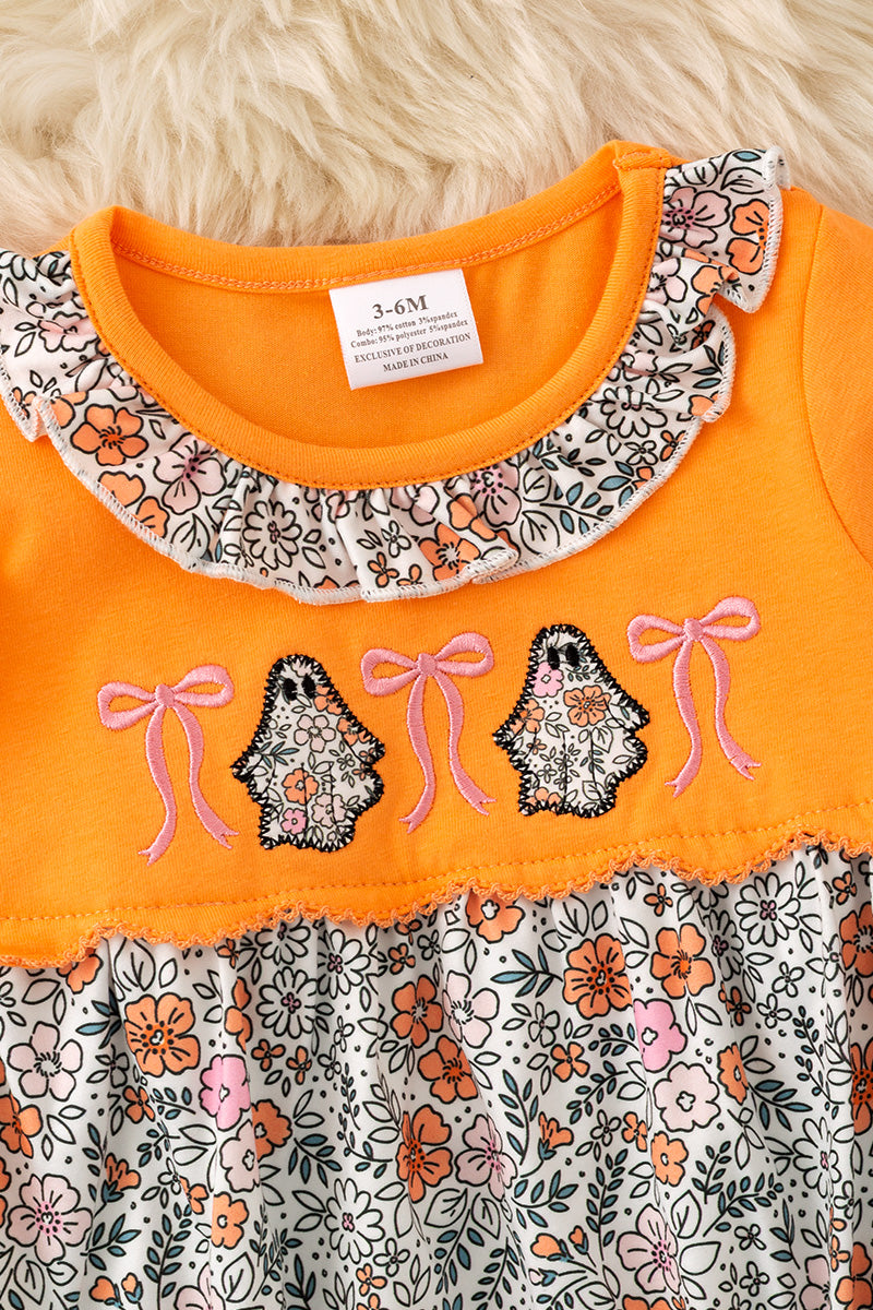 Floral ghost applique on orange baby romper. RPG62706 -S-