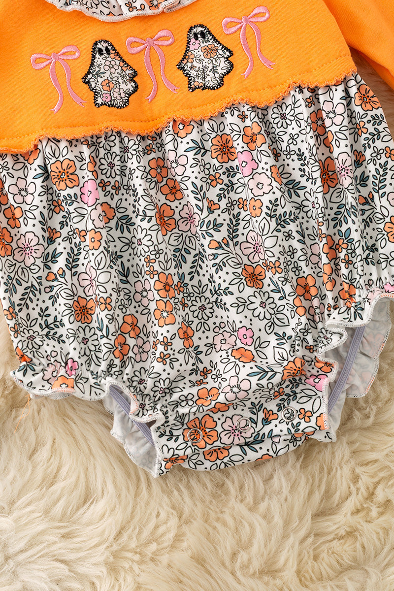 Floral ghost applique on orange baby romper. RPG62706 -S-