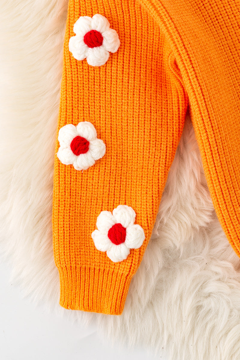 Orange Thankful knit sweater with embroidered flowers on sleeves. TPG60420 -M-