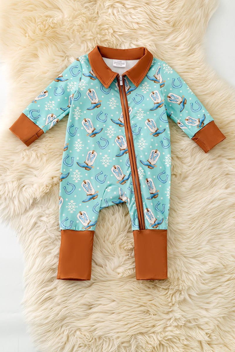 Aqua western printed baby bodysuit w/ hand & foodie fold over. RPB60455 SOL