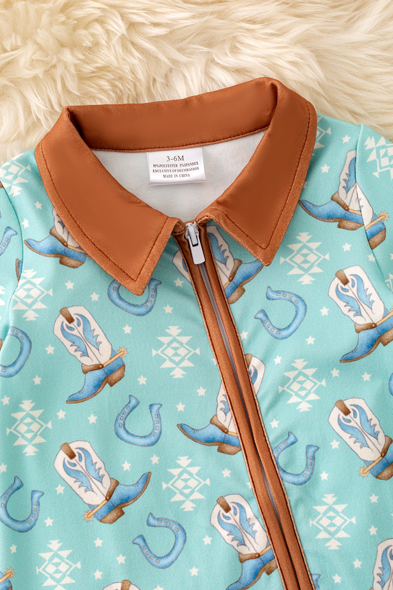 Aqua western printed baby bodysuit w/ hand & foodie fold over. RPB60455 SOL