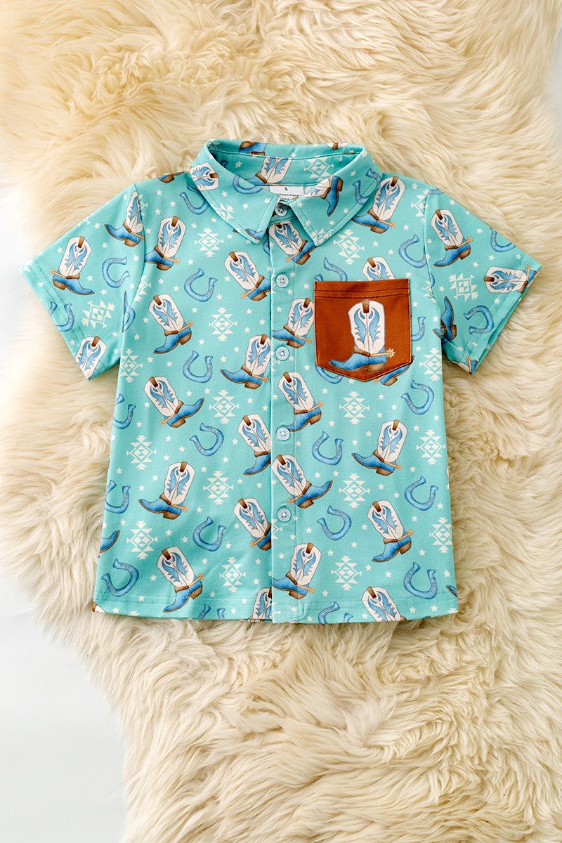 Aqua western boot printed button up shirt with side pocket. TPB60368