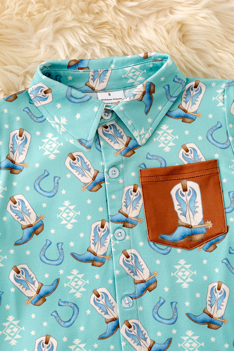 Aqua western boot printed button up shirt with side pocket. TPB60368