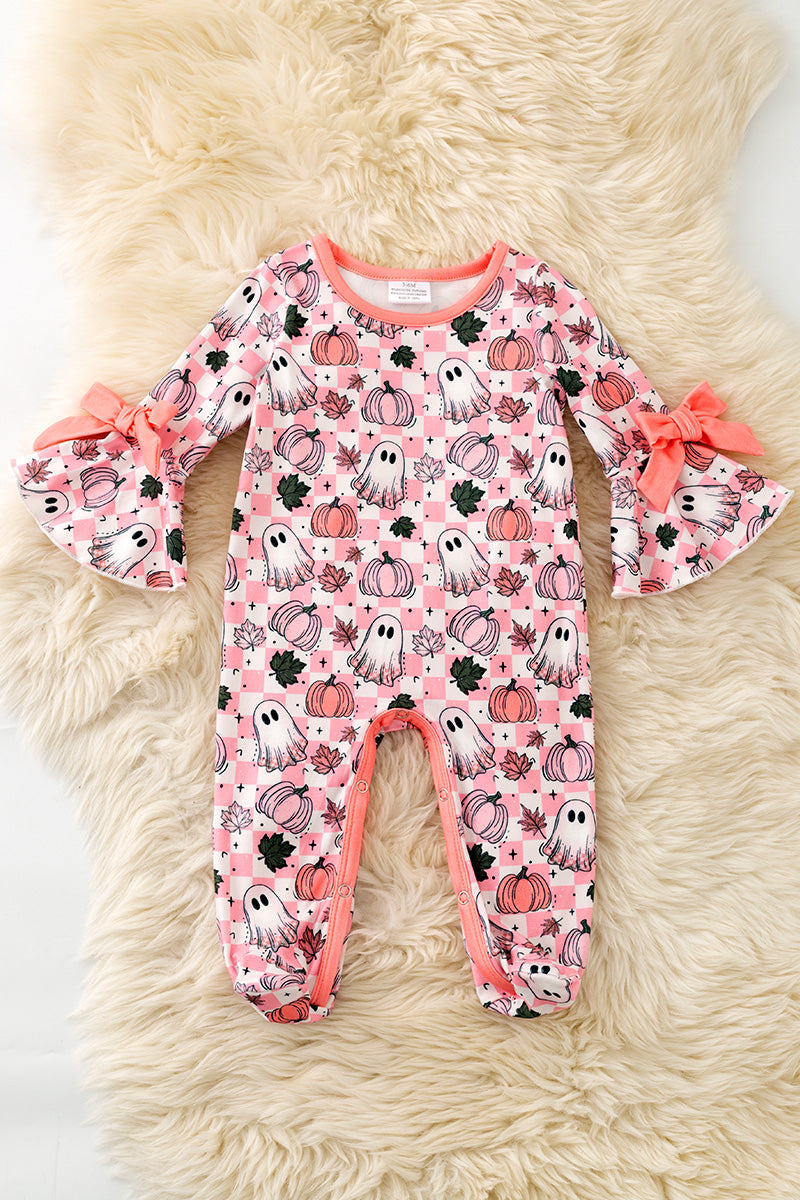 Pink Checkered & ghost printed baby bodysuit. RPG62219 -S-