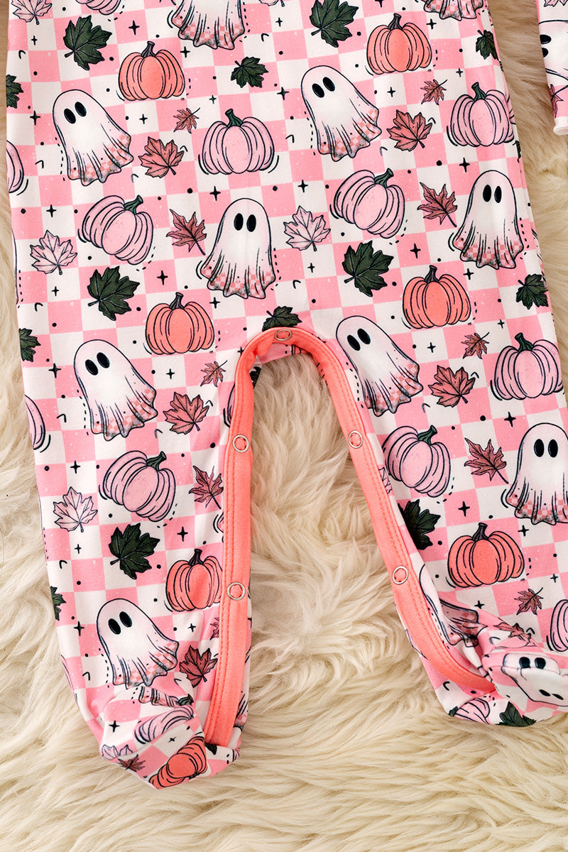 Pink Checkered & ghost printed baby bodysuit. RPG62219 -S-