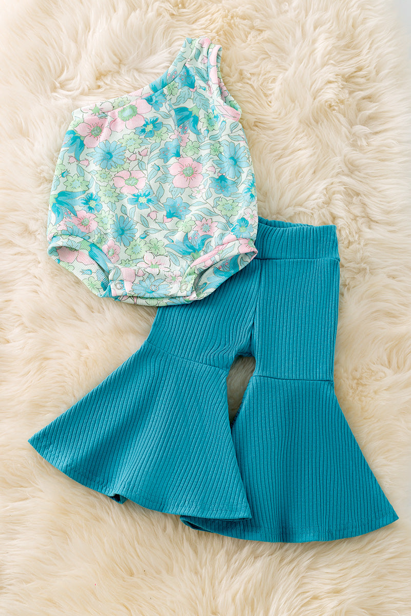Turquoise Floral cold shoulder ribbed onesie & ribbed bell bottoms.