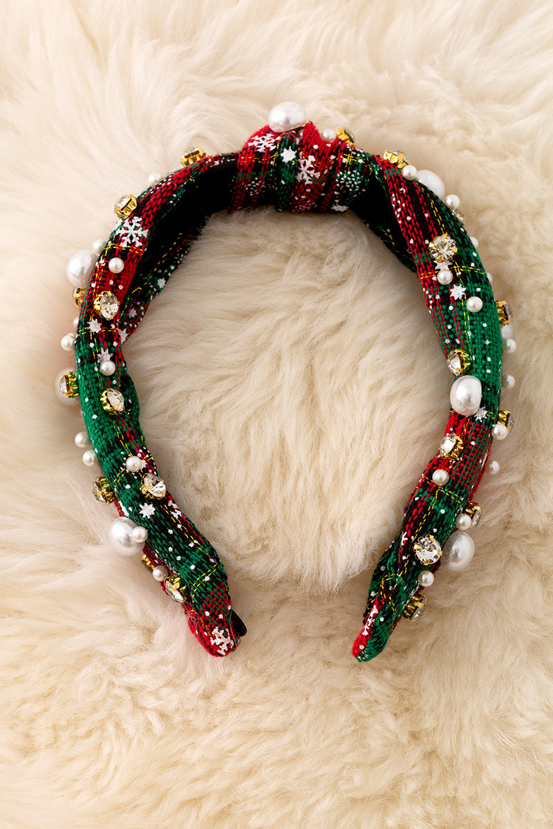 Christmas plaid pearls & stone headbands available in 3 prints.