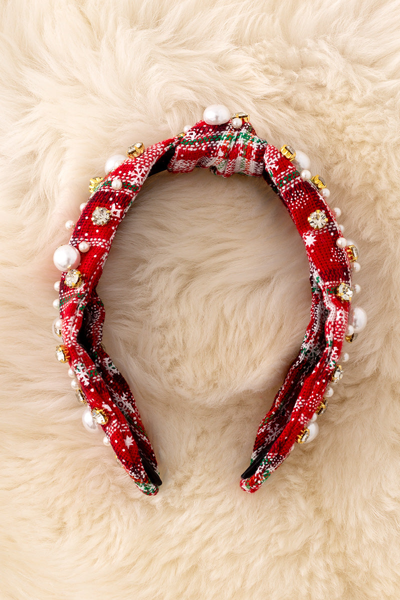 Christmas plaid pearls & stone headbands available in 3 prints.