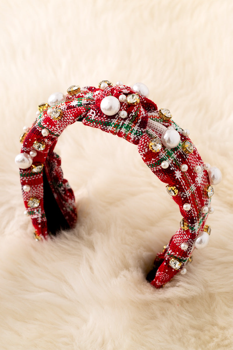 Christmas plaid pearls & stone headbands available in 3 prints.