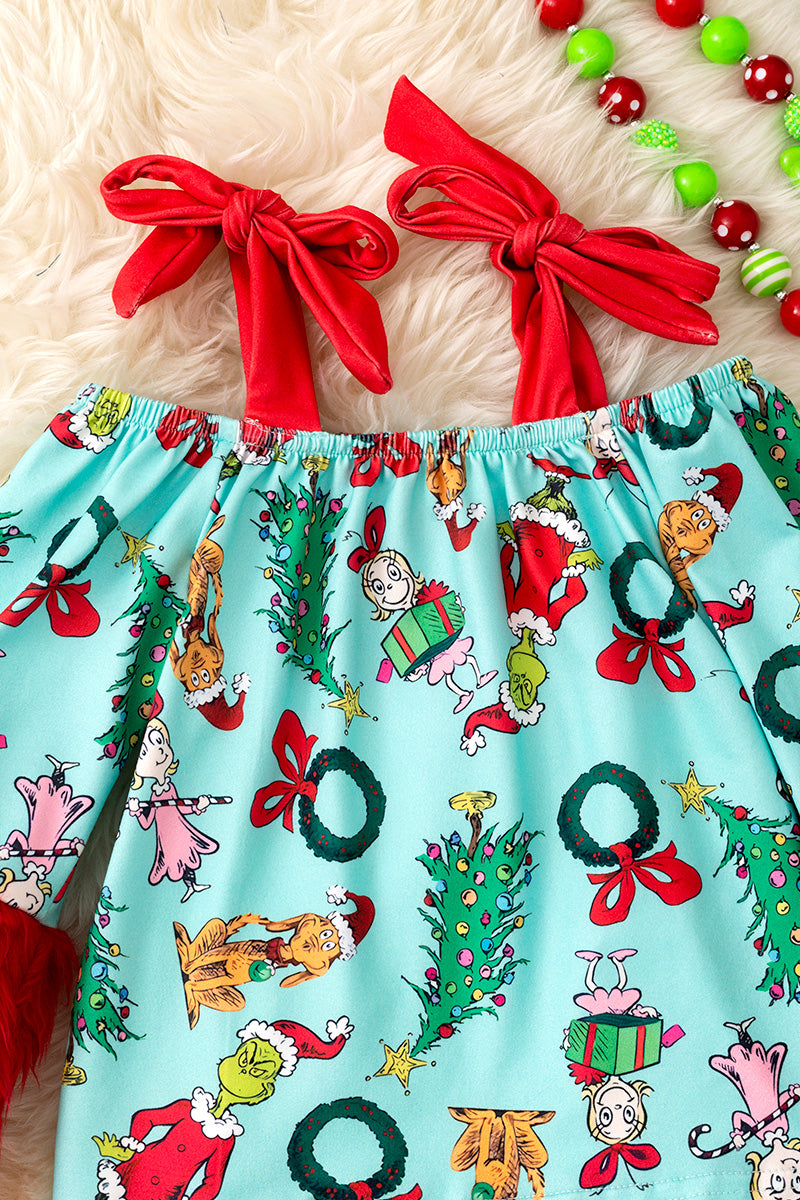 Christmas character 2 piece set on pink with red fur.