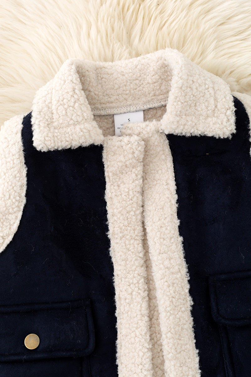 Navy blue faux suede and sherpa vest. TPG60371 -S-