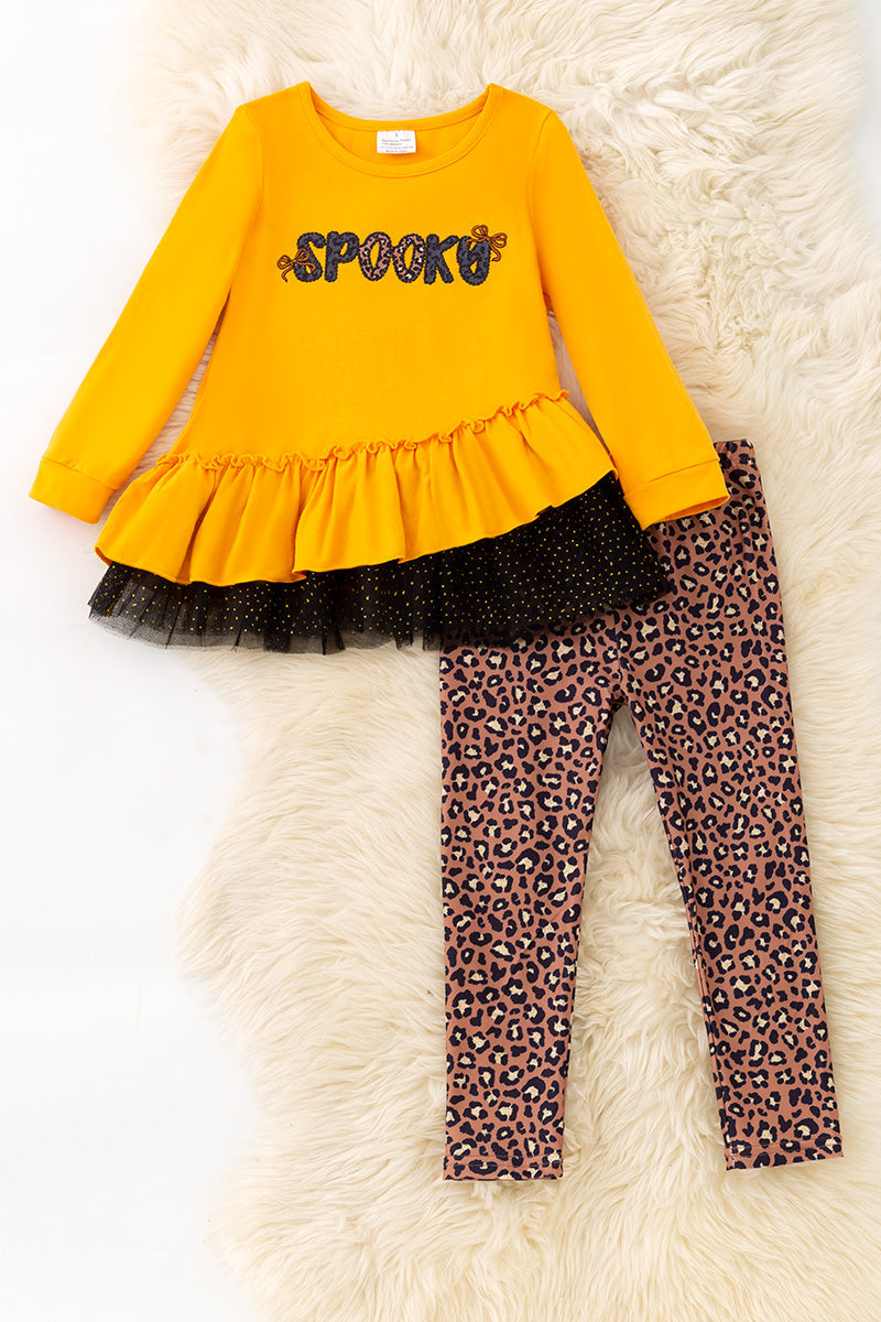 Mustard Spooky applique ruffle top & animal printed leggings. OFG61730 S-