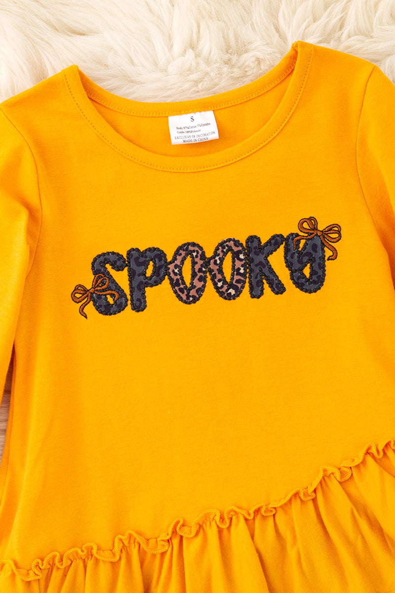 Mustard Spooky applique ruffle top & animal printed leggings. OFG61730 S-