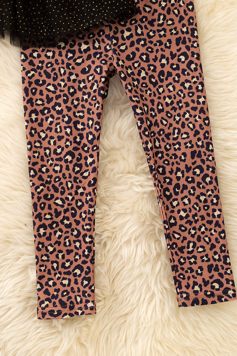 Mustard Spooky applique ruffle top & animal printed leggings. OFG61730 S-