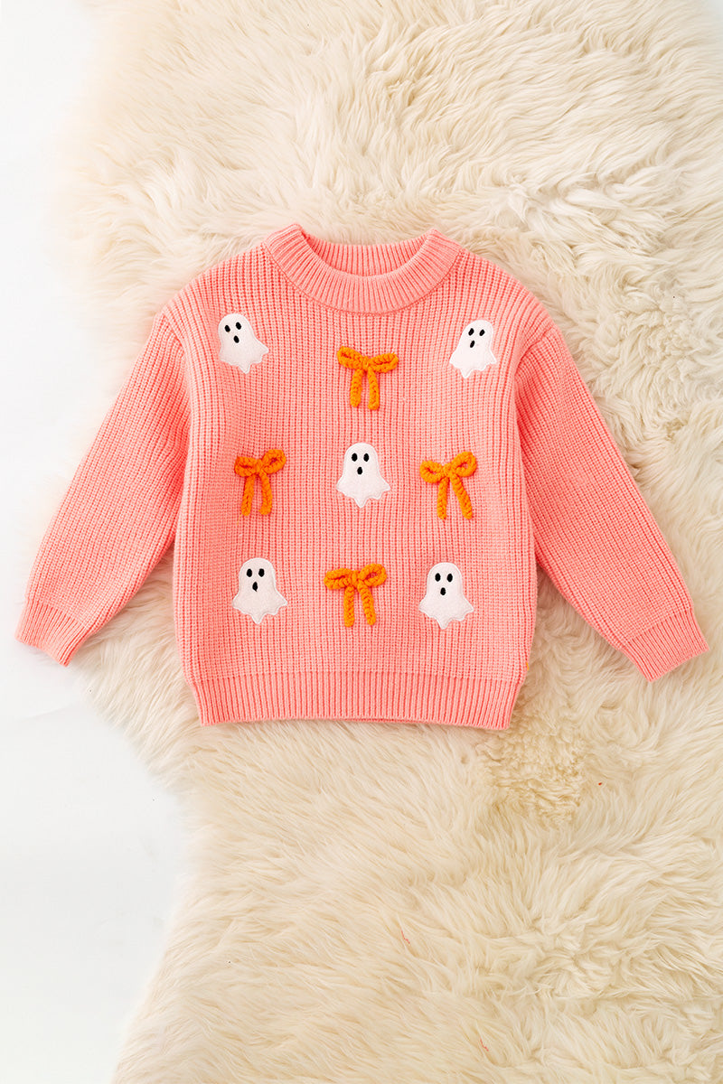 Ghost applique and orange embroidered bow on Coral knitted sweater. TPG60457 -M-