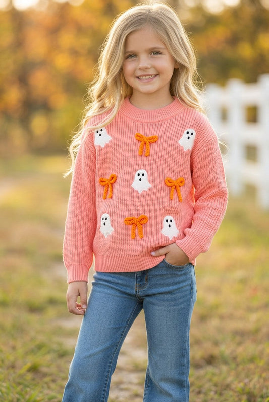 Ghost applique and orange embroidered bow on Coral knitted sweater. TPG60457 -M-
