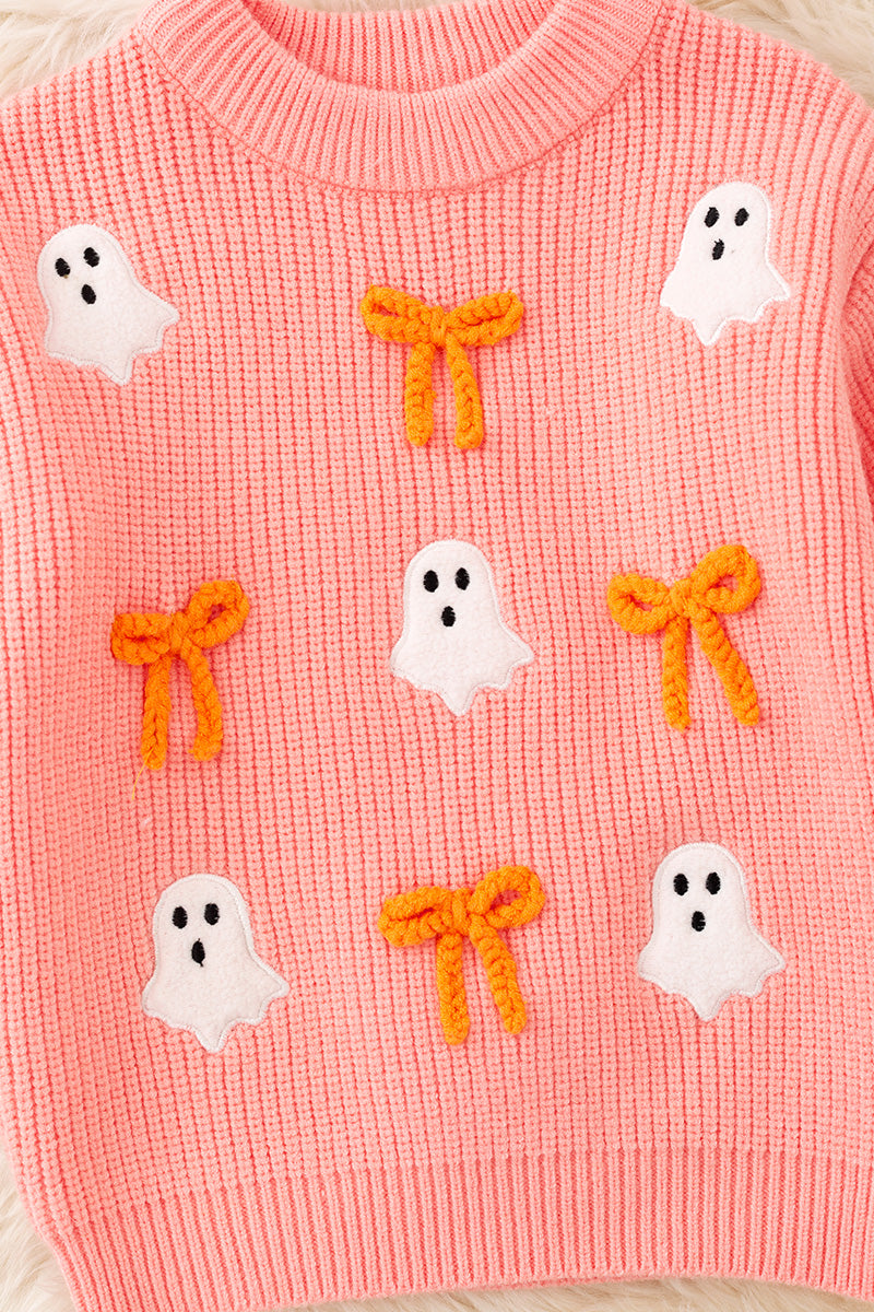 Ghost applique and orange embroidered bow on Coral knitted sweater. TPG60457 -M-