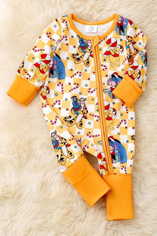 Honey Christmas character printed on checker baby bodysuit .