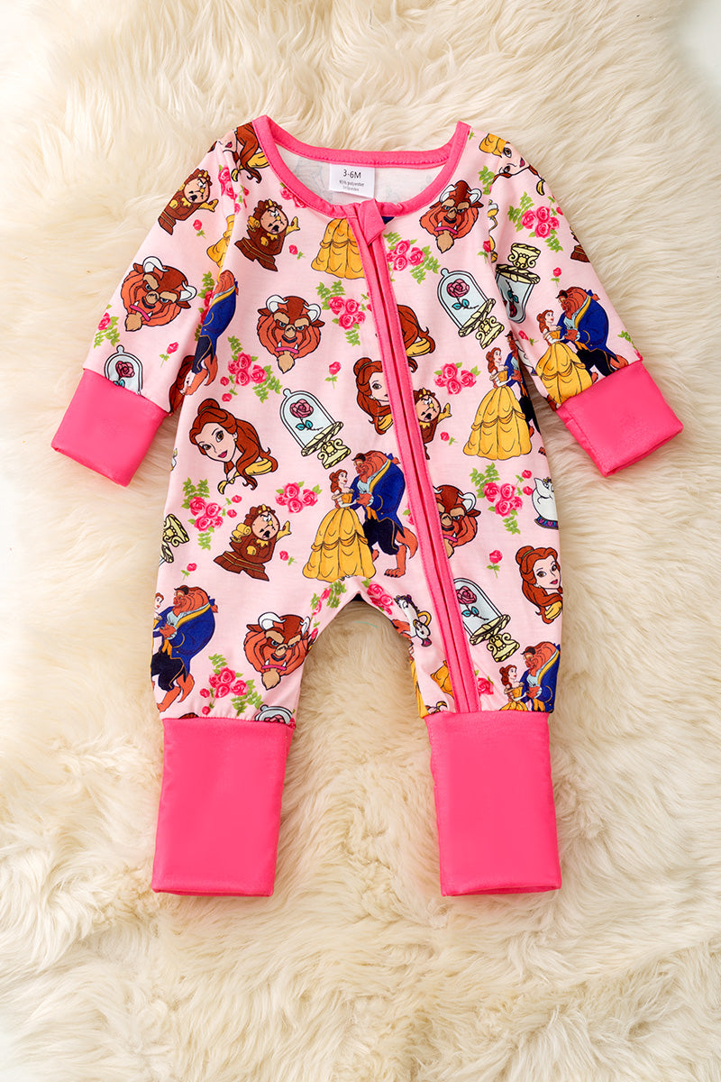 Cartoon character printed on pink baby bodysuit with fold over sleeves and footie.