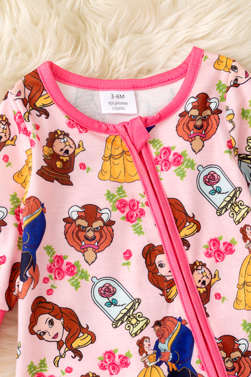 Cartoon character printed on pink baby bodysuit with fold over sleeves and footie.