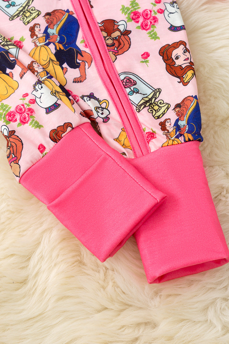 Cartoon character printed on pink baby bodysuit with fold over sleeves and footie.
