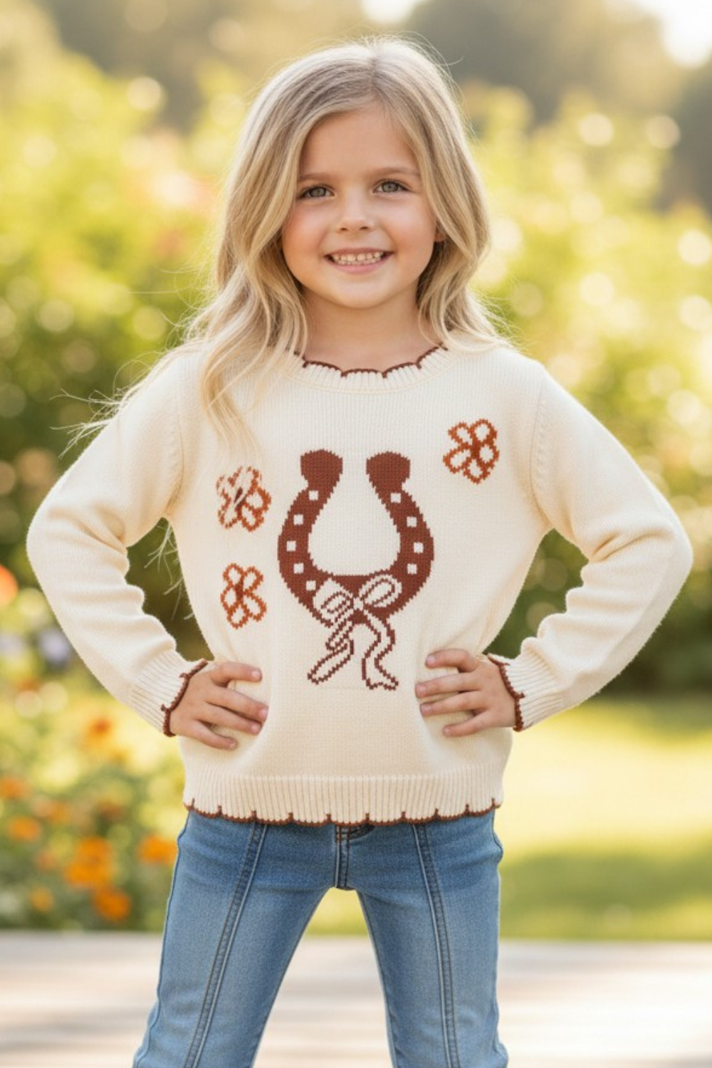 Horse shoe on cream knot pullover sweater w/moon stitch. TPG60491 -S-