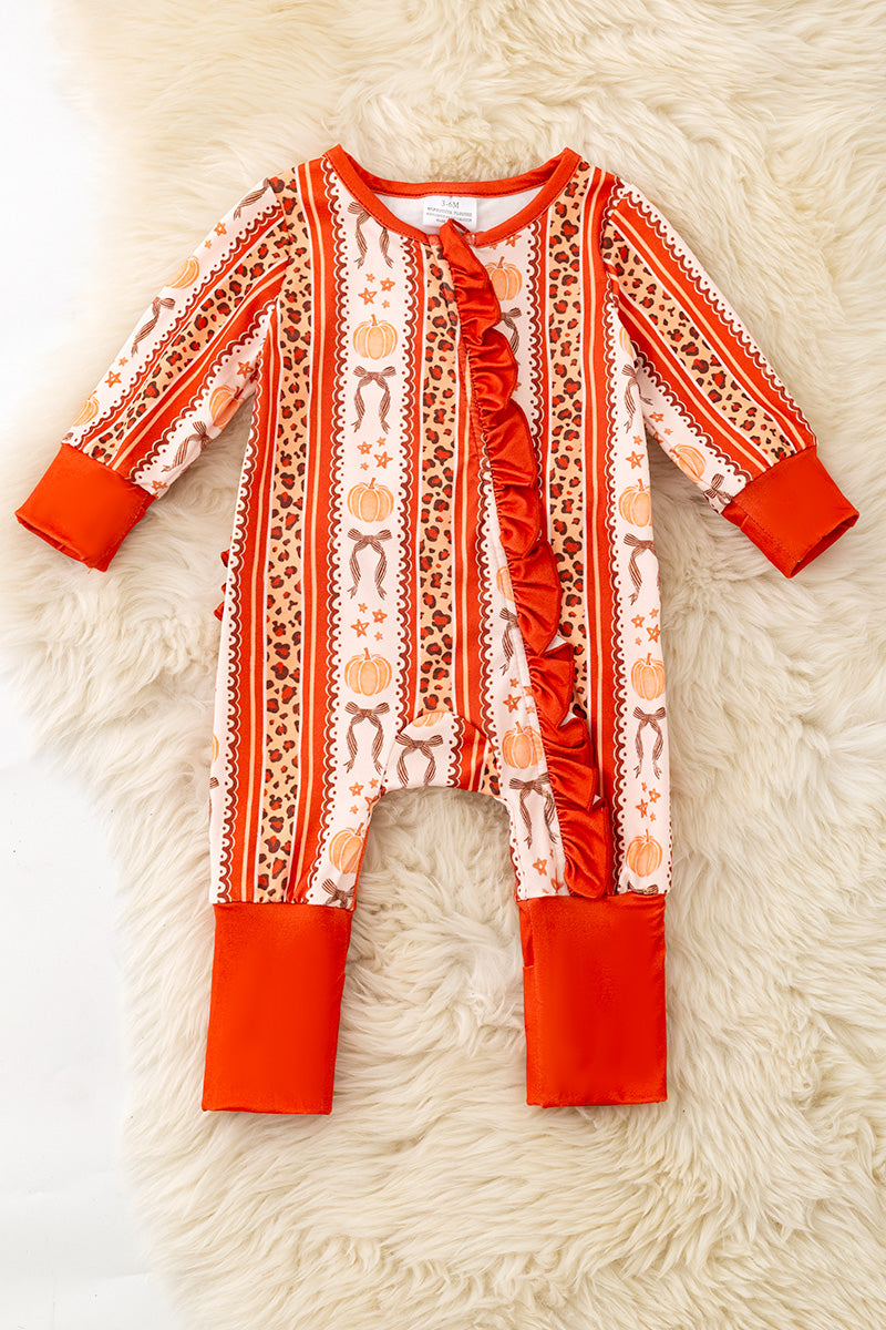 Pumpkin & cheetah printed girls baby romper with ruffle butt. RPG62331 -S-