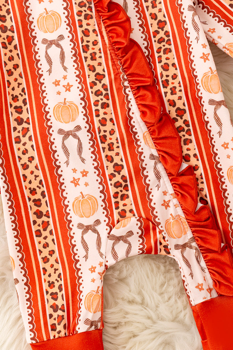 Pumpkin & cheetah printed girls baby romper with ruffle butt. RPG62331 -S-