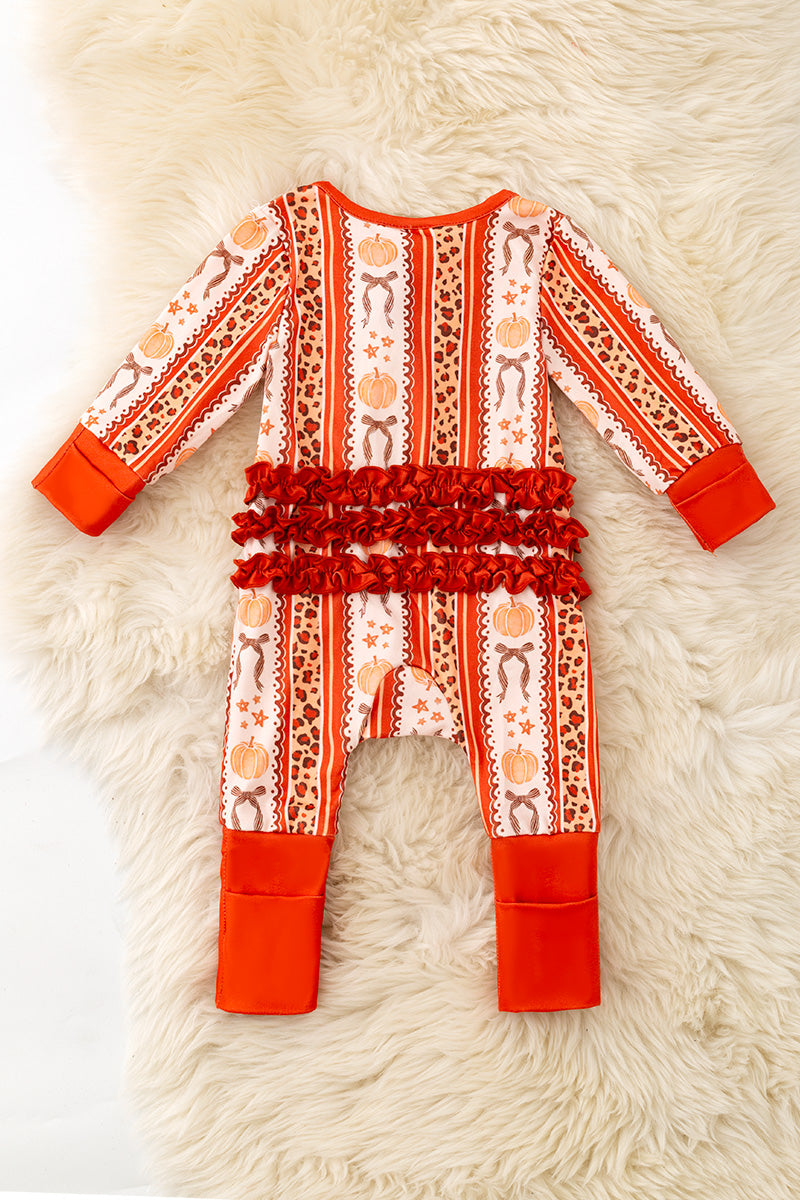 Pumpkin & cheetah printed girls baby romper with ruffle butt. RPG62331 -S-