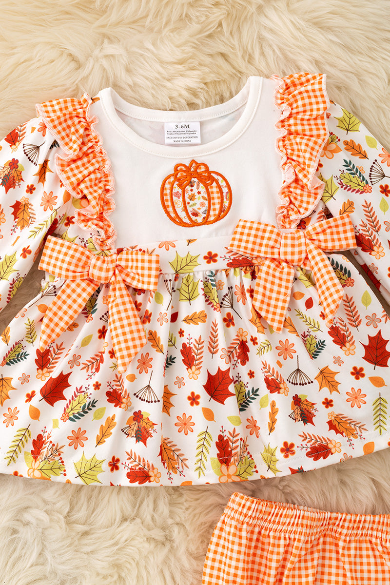Fall multi printed girls baby tunic and baby bloomers w/ front bows. RPG62350 -M-