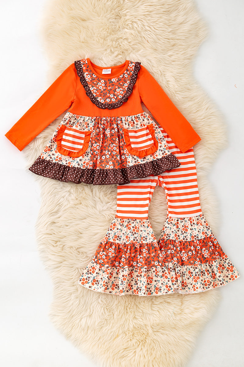 Stripe, floral multi-printed block in orange tone 2 piece set. OFG61979 -A-