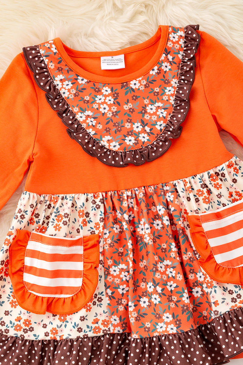 Stripe, floral multi-printed block in orange tone 2 piece set. OFG61979 -A-