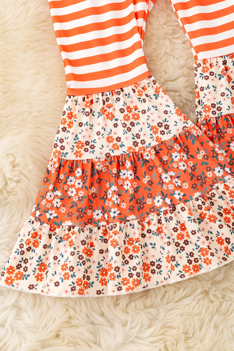 Stripe, floral multi-printed block in orange tone 2 piece set. OFG61979 -A-
