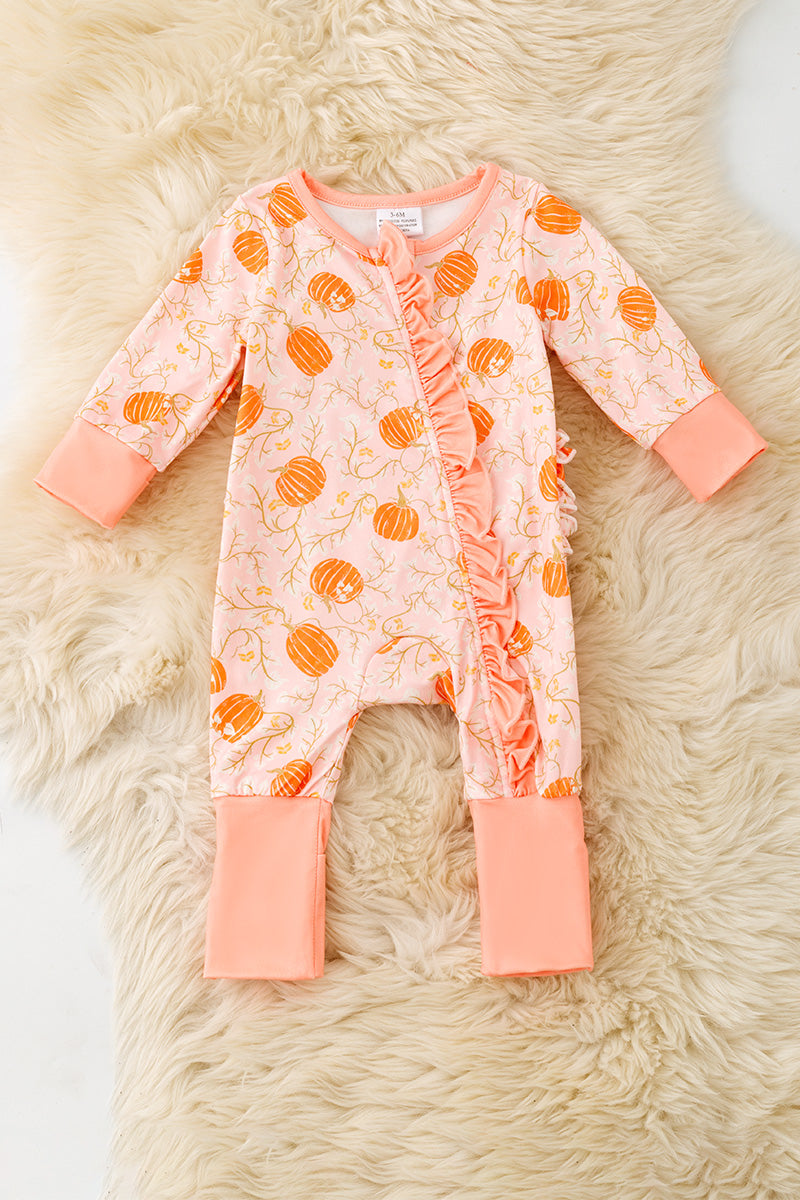 Pumpkin printed on pink baby romper with ruffle trim. RPG62349 -S-